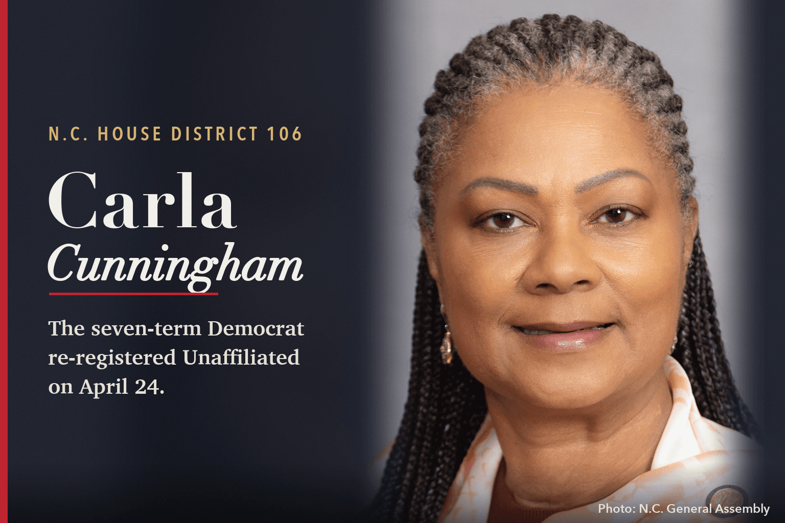 Official portrait of N.C. Rep. Carla Cunningham beside a navy panel reading Carla Cunningham. The seven-term Democrat re-registered Unaffiliated on April 24.