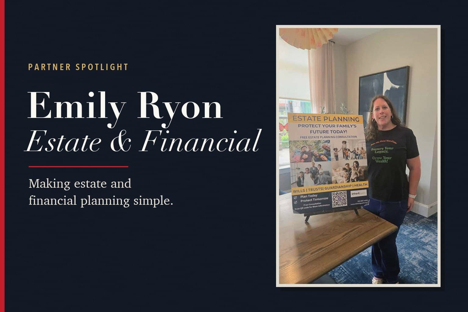 Emily Ryon standing beside an estate planning poster, framed beside the words Partner Spotlight, Emily Ryon Estate and Financial