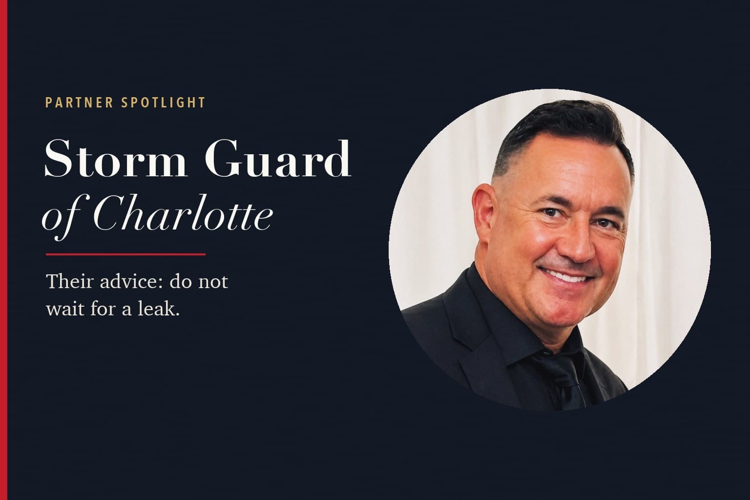 Portrait of co-owner Nathan Grimm in a circle, beside the words Partner Spotlight, Storm Guard of Charlotte