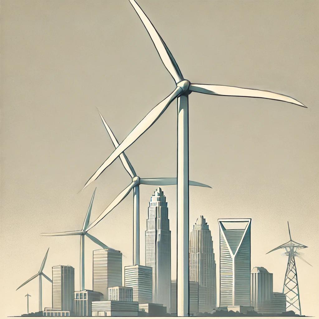 A minimalist illustration of an offshore wind farm with turbines spinning in the foreground, set against the Charlotte, North Carolina skyline in the distance under a calm sky.