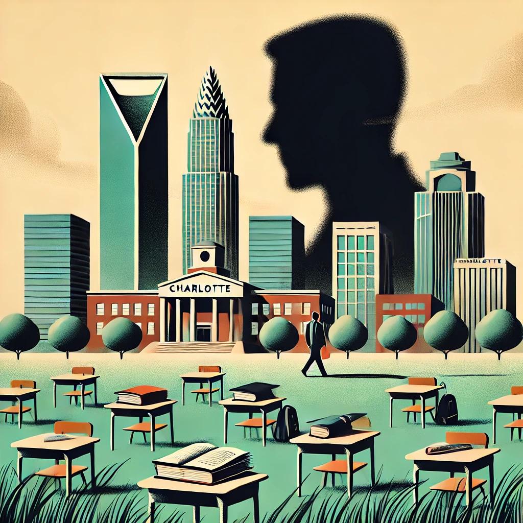 A minimalist illustration of the Charlotte skyline in the background with scattered school desks and books on a green lawn in the foreground, symbolizing education. A shadowy figure looms subtly in the distance, evoking oversight and tension.